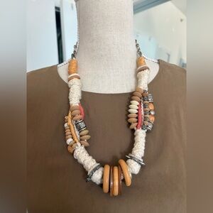 Handcrafted Artisan Necklace Made With Wood, Shells & Woven Chord.